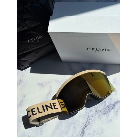 NEW Celine CL40302U Beige Gold Logo Mirrored Ski Goggles - Picture 1 of 5